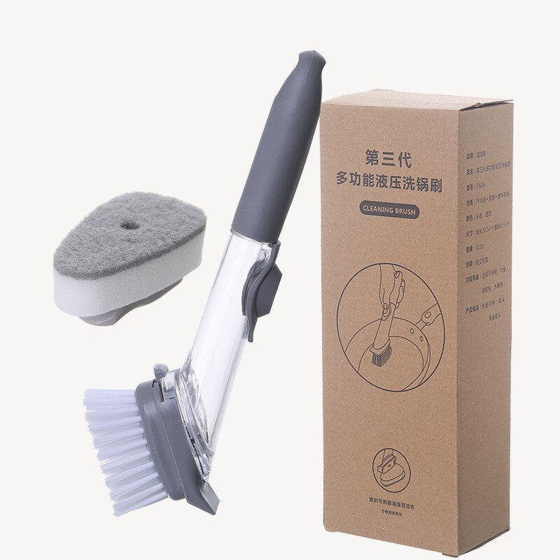 Dishwashing Device Kitchen Cleaning Brush 2 Brush Head 2 Sponge Automatic Plus Detergent Brush Long Handle Hydraulic Wash Pot - StorageandmoreStorage