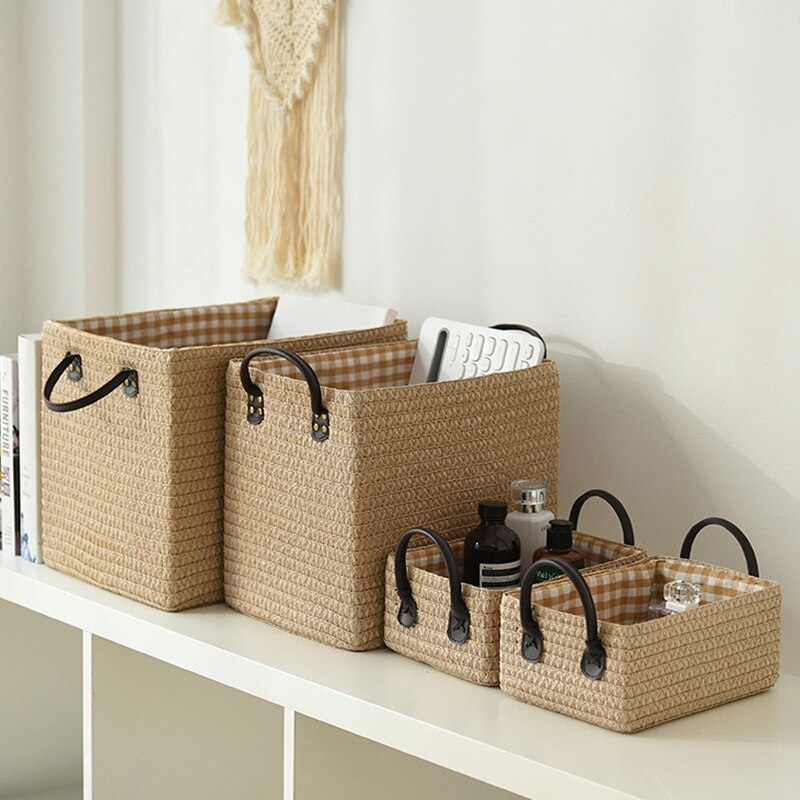 Woven Storage Basket Sundries Organizer Keys Clothes Toys Laundry Baskets Hamper Desktop Organizer Picnic Food Container Case - StorageandmoreStorage