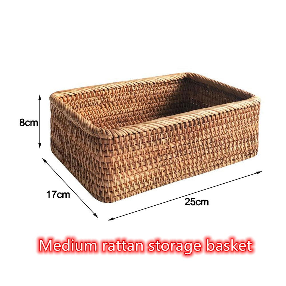 Hand-woven Rattan Wicker Basket Fruit Tea Snack Bread Basket Cosmetic Rectangular Storage Box Household Kitchen Supplies - StorageandmoreStorage