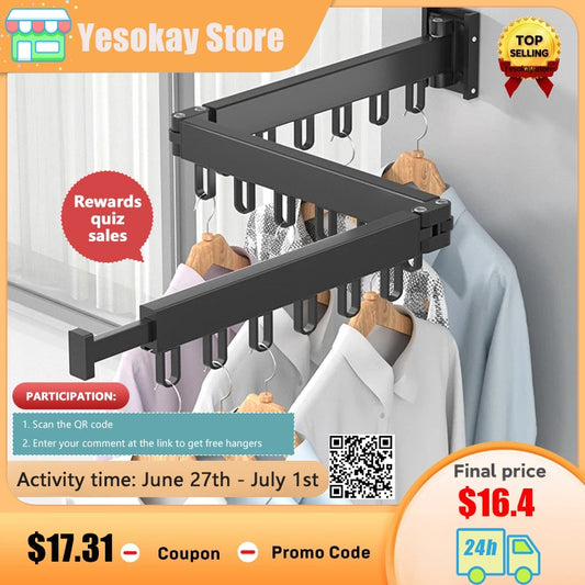 Folding Clothes Hanger Wall Mount Retractable Cloth Drying Rack Indoor &amp; Outdoor Space Saving Aluminum Home Laundry Clothesline - StorageandmoreStorage