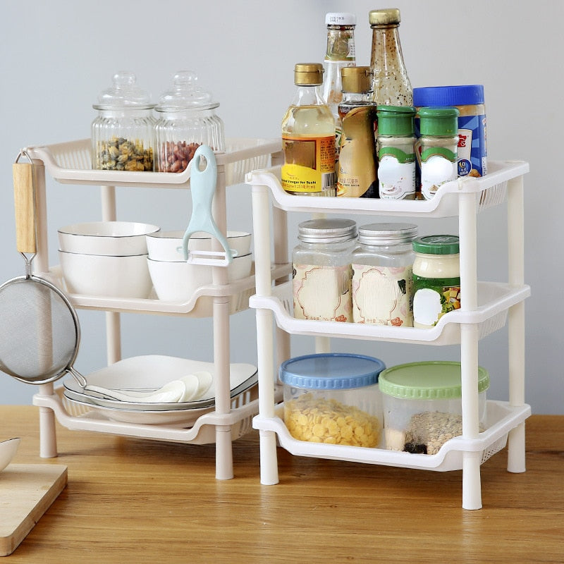 3-Layers Kitchen Storage Rack Shelve Plastic Assembled Sundries Food Shelf Dish Holder Bathroom Organizer Accessories - StorageandmoreStorage