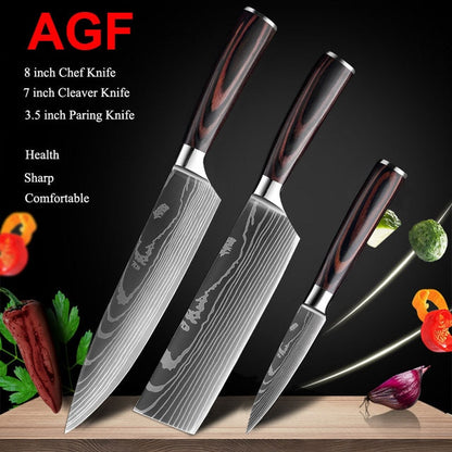 Japanese Kitchen Knife Set Laser Damascus Pattern Stainless Steel  Sharp Cleaver Slicing Utility Knives Kitchen Tools - StorageandmoreStorage