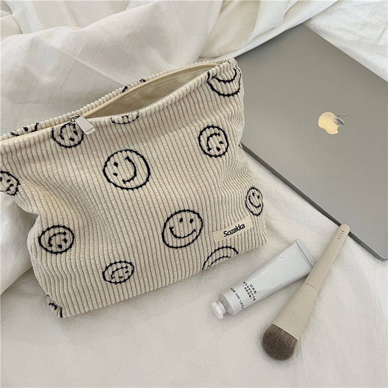 Japanese Style Corduroy Cosmetic Bag Women Handbags Purses Smile&amp;Dots Makeup Organizer Storage Makeup Bag Girls Pencil Case Bags - StorageandmoreStorage