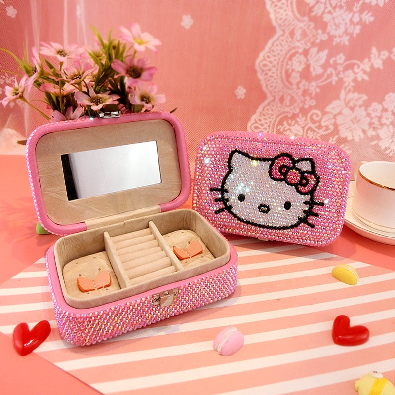 Hello Kitty Kawaii Creative Cartoon Anime Sanrios Jewelry Box Stick Diamond Cute Jewelry Necklace Storage Box Girl Holiday Gift - StorageandmoreStorage