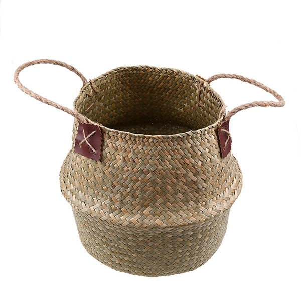 WHISM Foldable Wicker Basket Planter Rattan Woven Basket Handmade Seagrass Laundry Storage Basket Home Decor Kitchen Organizer - StorageandmoreStorage