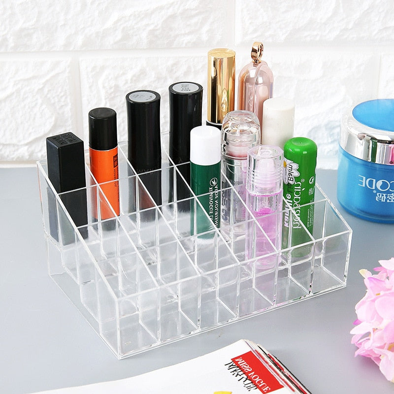 Clear 24 Grid Lipstick Stand Case Makeup Organizer Storage Box Lipstick Display Stand Holder Cosmetic Jewelry Organizer Box - StorageandmoreStorage