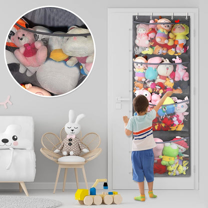 Stuffed Animal Storage Bag Over The Door Stuff Animals Organizer with 4 Large Pockets Hanging Mesh Bags for Baby Plush Toys - StorageandmoreStorage