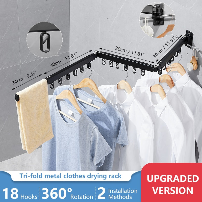 Folding Clothes Hanger Wall Mount Retractable Cloth Drying Rack Indoor &amp; Outdoor Space Saving Aluminum Home Laundry Clothesline - StorageandmoreStorage