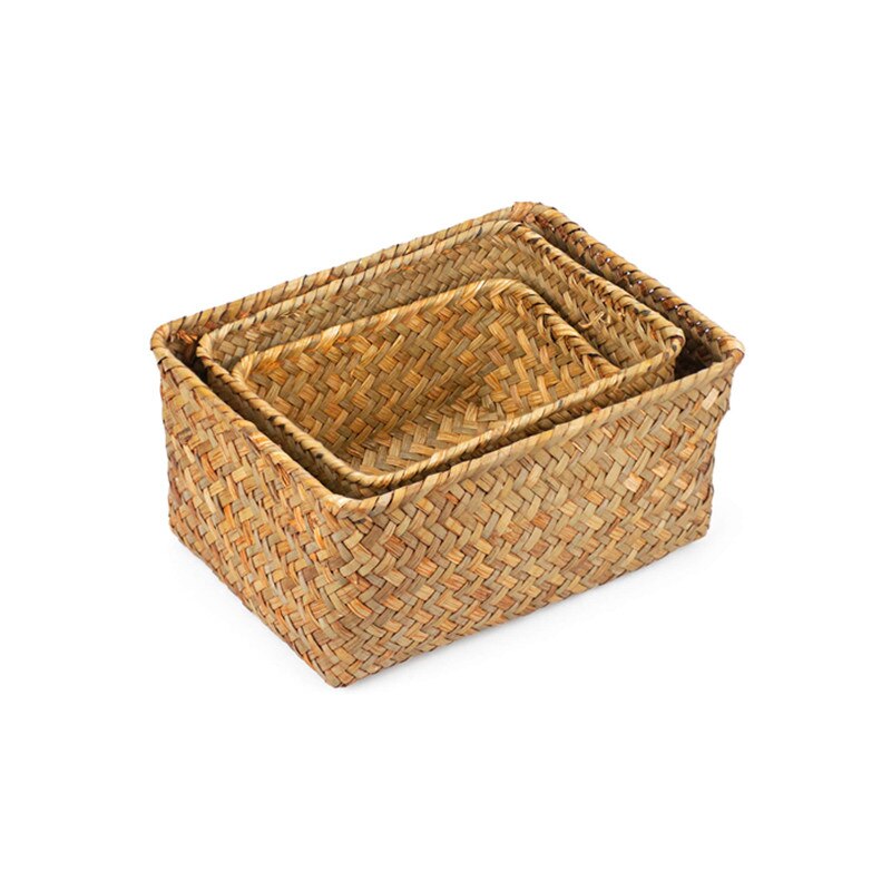 Rectangular Handwoven Natural Seagrass Wicker Storage Basket Home Organizer Bins Eco-Friendly Hamper Clothes Fruit Picnic Basket - StorageandmoreStorage