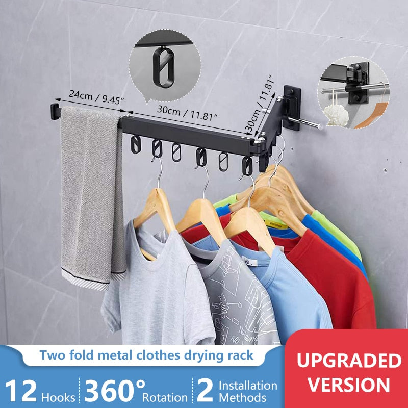 Folding Clothes Hanger Wall Mount Retractable Cloth Drying Rack Indoor &amp; Outdoor Space Saving Aluminum Home Laundry Clothesline - StorageandmoreStorage