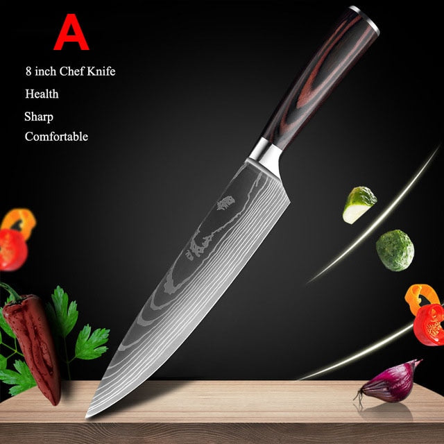 Japanese Kitchen Knife Set Laser Damascus Pattern Stainless Steel  Sharp Cleaver Slicing Utility Knives Kitchen Tools - StorageandmoreStorage