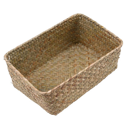 Rectangular Handwoven Natural Seagrass Wicker Storage Basket Home Organizer Bins Eco-Friendly Hamper Clothes Fruit Picnic Basket - StorageandmoreStorage