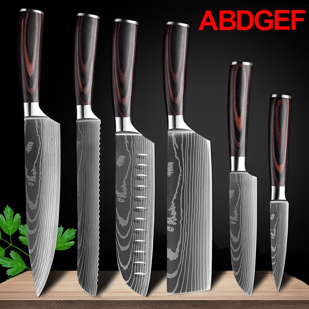 Japanese Kitchen Knife Set Laser Damascus Pattern Stainless Steel  Sharp Cleaver Slicing Utility Knives Kitchen Tools - StorageandmoreStorage