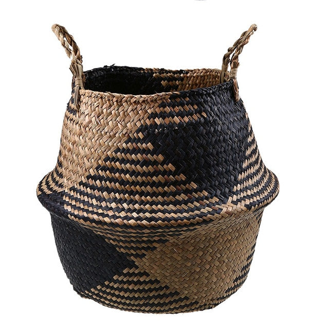 WHISM Foldable Wicker Basket Planter Rattan Woven Basket Handmade Seagrass Laundry Storage Basket Home Decor Kitchen Organizer - StorageandmoreStorage