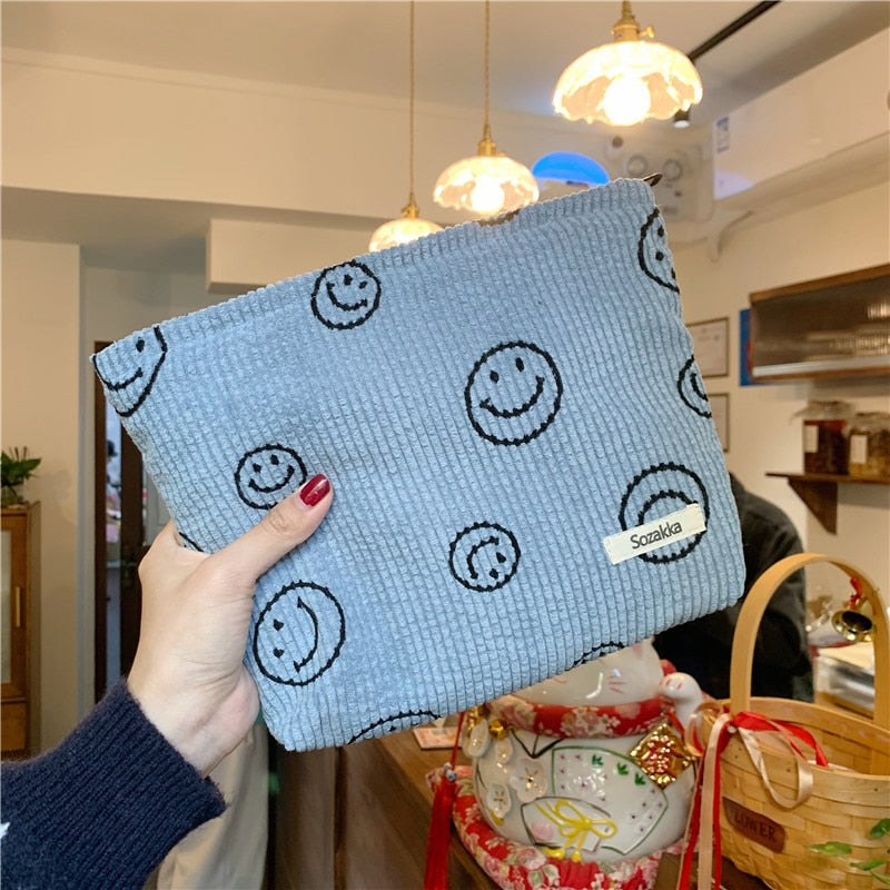 Japanese Style Corduroy Cosmetic Bag Women Handbags Purses Smile&amp;Dots Makeup Organizer Storage Makeup Bag Girls Pencil Case Bags - StorageandmoreStorage