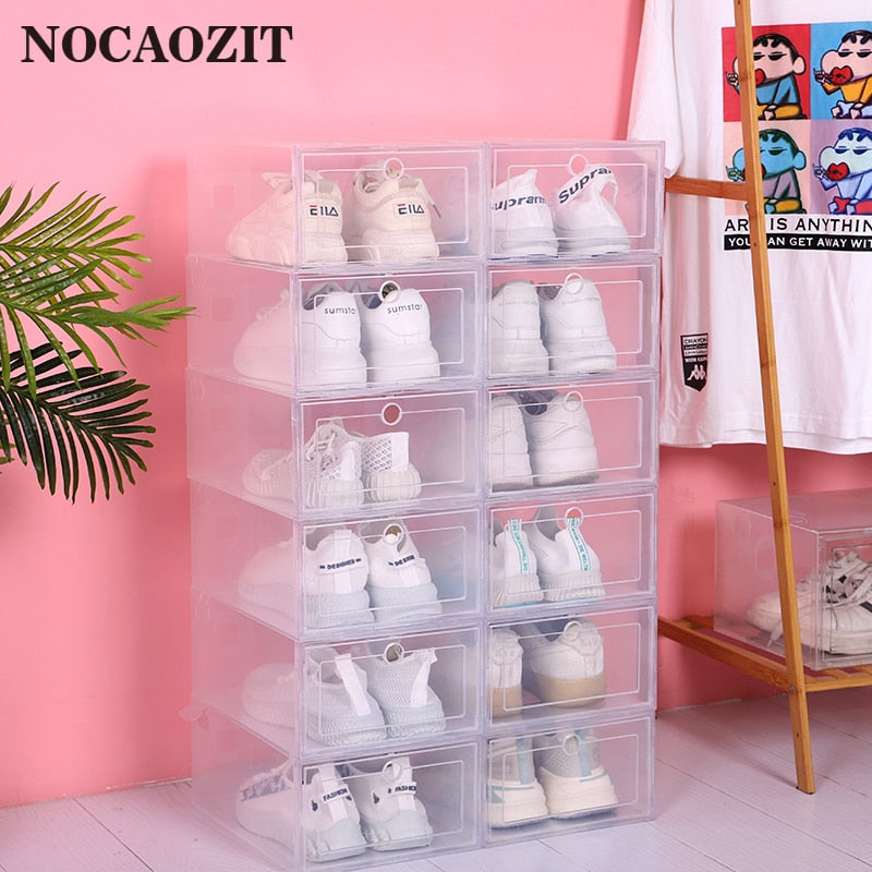 6pcs/Set Fold Plastic Shoes Case Thickened Transparent Drawer Case Plastic Shoe Boxes Stackable Box Shoe Organizer Shoebox - StorageandmoreStorage