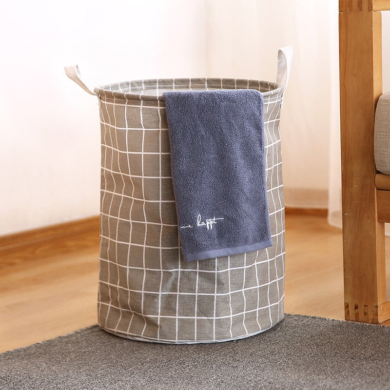 Dirty Laundry Basket Cotton Linen Foldable Round Waterproof Organizer Bucket Clothes Toys Large Capacity Home Storage Basket - StorageandmoreStorage