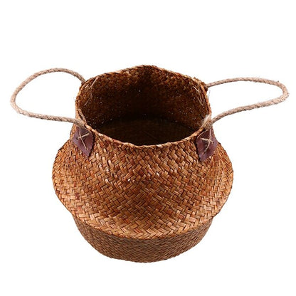 WHISM Foldable Wicker Basket Planter Rattan Woven Basket Handmade Seagrass Laundry Storage Basket Home Decor Kitchen Organizer - StorageandmoreStorage