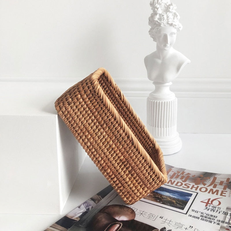 Hand-woven Rattan Wicker Basket Fruit Tea Snack Bread Basket Cosmetic Rectangular Storage Box Household Kitchen Supplies - StorageandmoreStorage