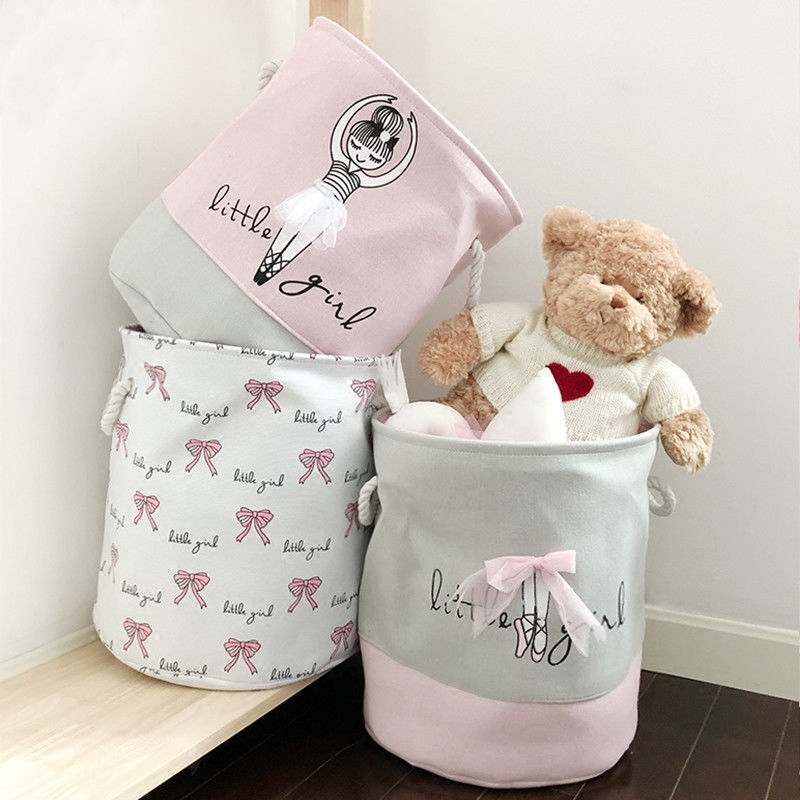 Pink Large Laundry Basket Round Dirty Clothes Toys Folding Bucket Anti-dust Big Storage Barrel Hamper - StorageandmoreStorage