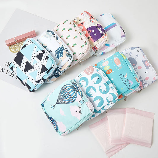 Women Sanitary Napkin Storage Bag Cotton Travel Makeup Storage Bag Literary Zipper Coin Purse Sundries Cosmetics Storage Case - StorageandmoreStorage