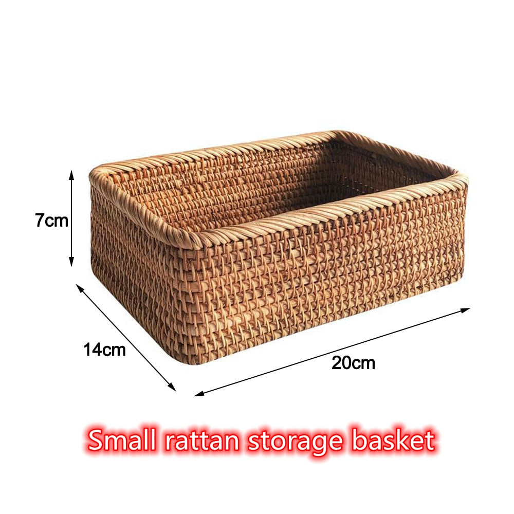 Hand-woven Rattan Wicker Basket Fruit Tea Snack Bread Basket Cosmetic Rectangular Storage Box Household Kitchen Supplies - StorageandmoreStorage