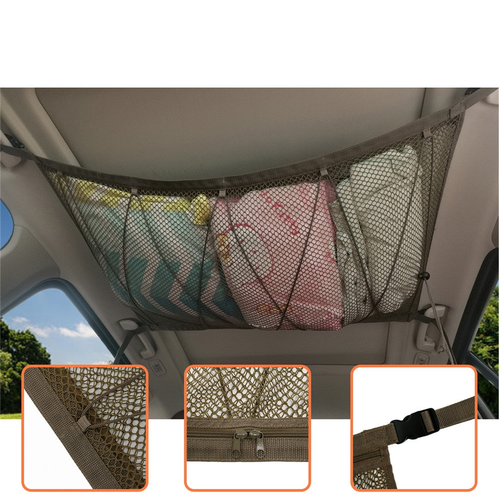 Portable Car Ceiling Storage Net Pocket Roof Interior Cargo Net Bag Car Trunk Storage Pouch Sundries Storage Organizer - StorageandmoreStorage