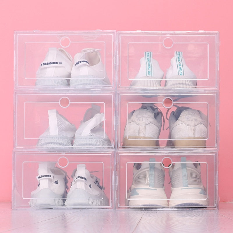 6pcs/Set Fold Plastic Shoes Case Thickened Transparent Drawer Case Plastic Shoe Boxes Stackable Box Shoe Organizer Shoebox - StorageandmoreStorage