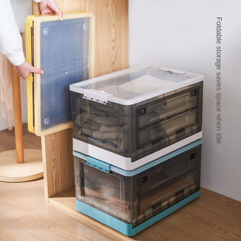 Large Plastic Side-Open Folding Cloakroom with Lid Storage Box Glove Compartment Storage Box with Wheels - StorageandmoreStorage