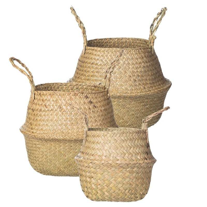 WHISM Foldable Wicker Basket Planter Rattan Woven Basket Handmade Seagrass Laundry Storage Basket Home Decor Kitchen Organizer - StorageandmoreStorage