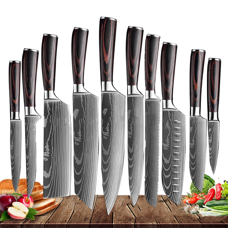 Japanese Kitchen Knife Set Laser Damascus Pattern Stainless Steel  Sharp Cleaver Slicing Utility Knives Kitchen Tools - StorageandmoreStorage