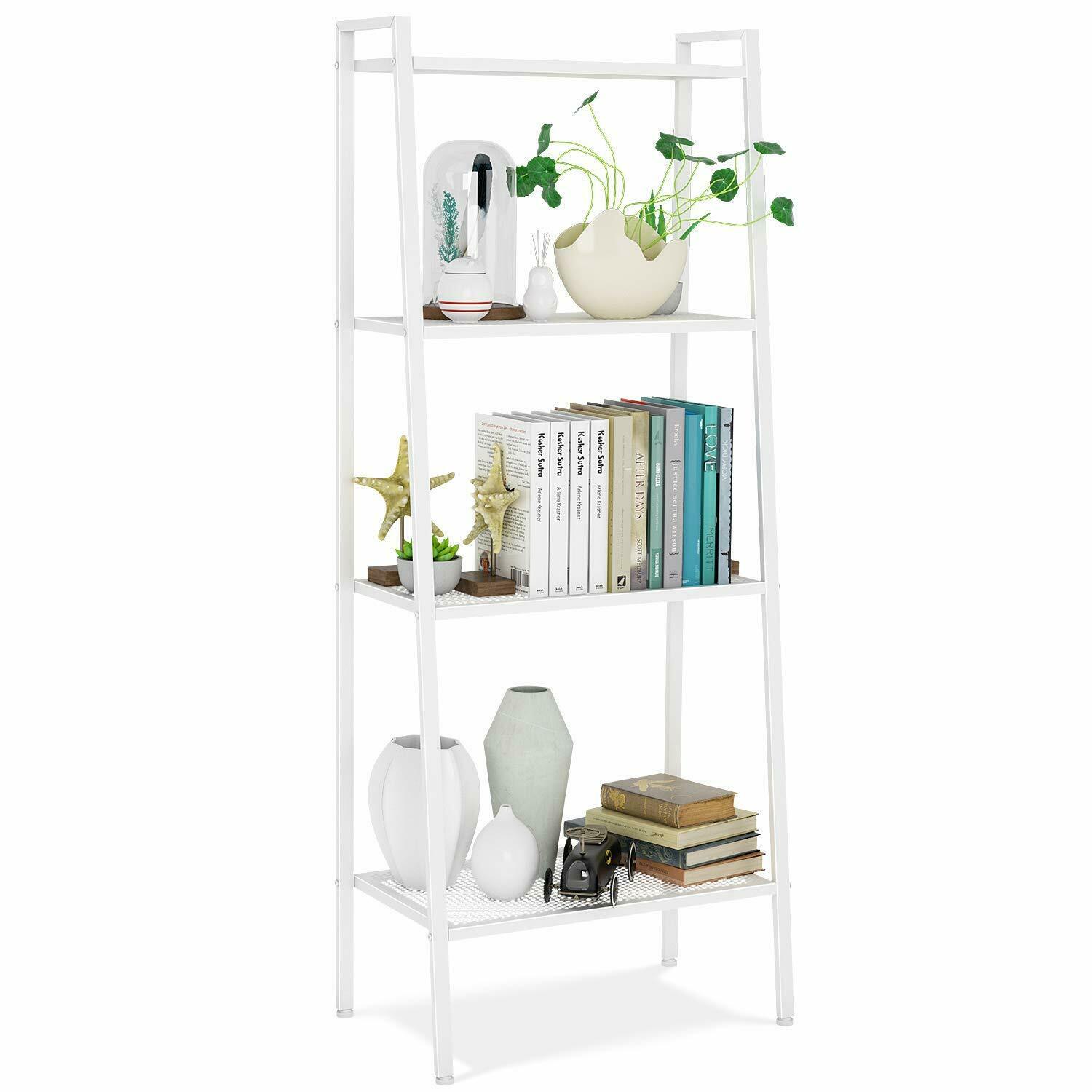 Ladder Shelf 4-Tier Bookshelf Plant Flower Stand Storage Rack Industrial Organizer Modern Shelves Shelving Bookcase Stable Metal - StorageandmoreStorage