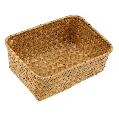 Rectangular Handwoven Natural Seagrass Wicker Storage Basket Home Organizer Bins Eco-Friendly Hamper Clothes Fruit Picnic Basket - StorageandmoreStorage