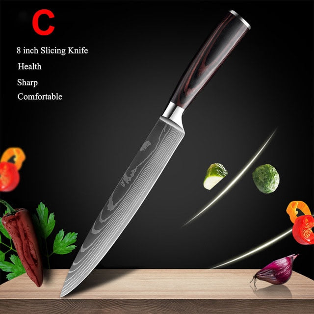 Japanese Kitchen Knife Set Laser Damascus Pattern Stainless Steel  Sharp Cleaver Slicing Utility Knives Kitchen Tools - StorageandmoreStorage