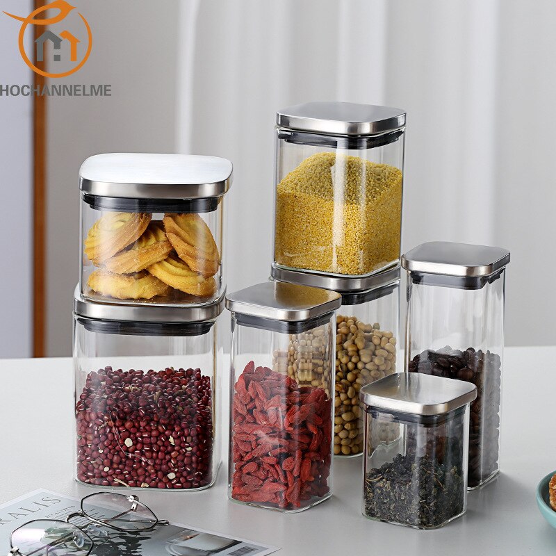 Container for Cereals Glass Sealed Tank Stainless Steel Lid Glass Jar Coffee Bean Storage Tank Kitchen Coarse Food Storage Tank - StorageandmoreStorage