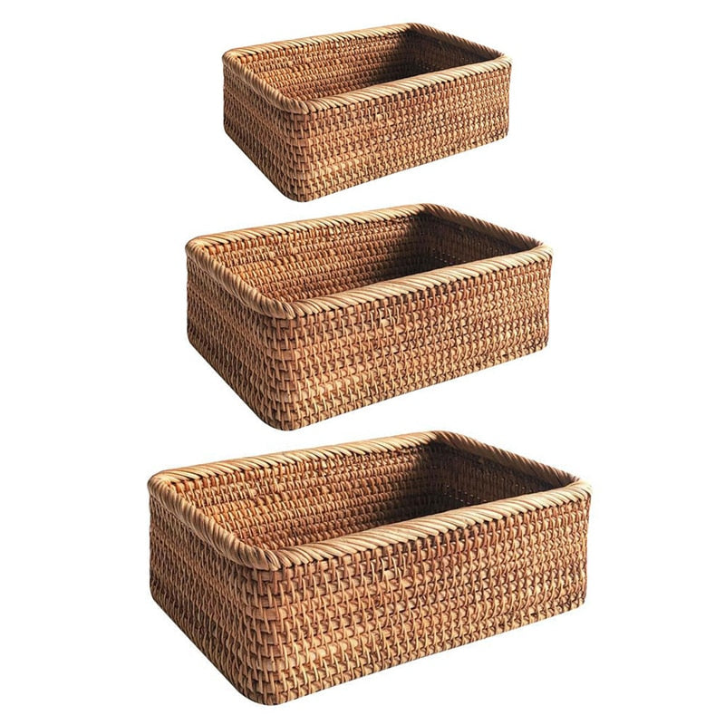 Hand-woven Rattan Wicker Basket Fruit Tea Snack Bread Basket Cosmetic Rectangular Storage Box Household Kitchen Supplies - StorageandmoreStorage