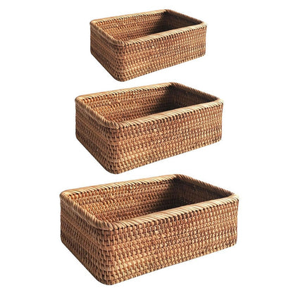 Hand-woven Rattan Wicker Basket Fruit Tea Snack Bread Basket Cosmetic Rectangular Storage Box Household Kitchen Supplies - StorageandmoreStorage