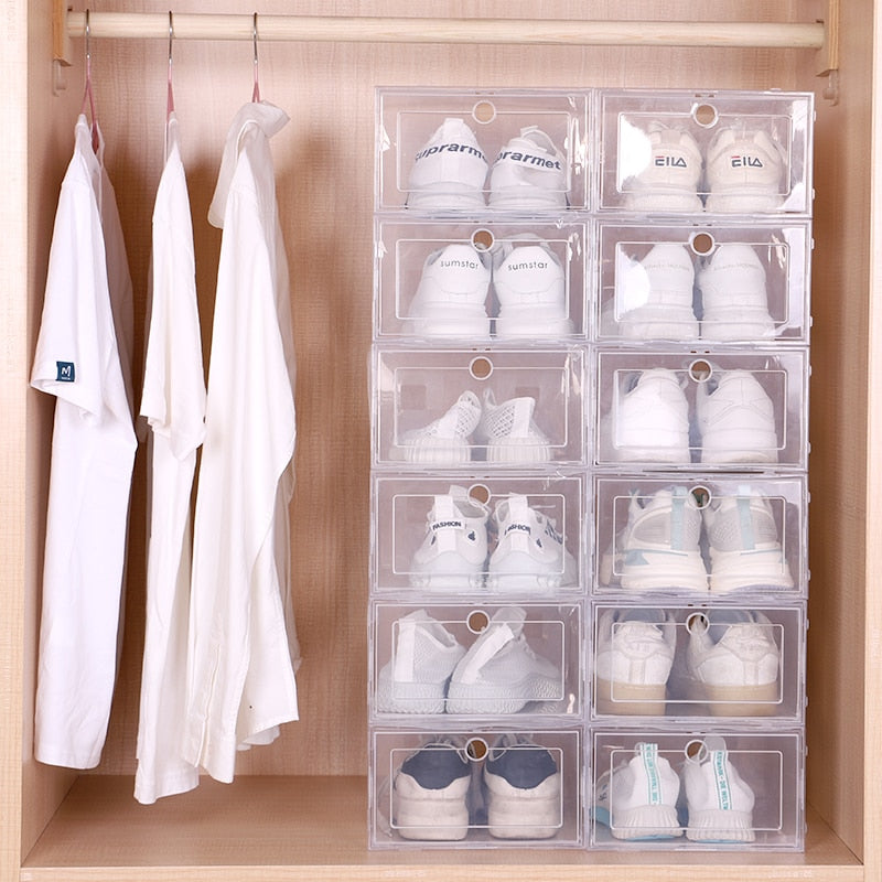 6pcs/Set Fold Plastic Shoes Case Thickened Transparent Drawer Case Plastic Shoe Boxes Stackable Box Shoe Organizer Shoebox - StorageandmoreStorage