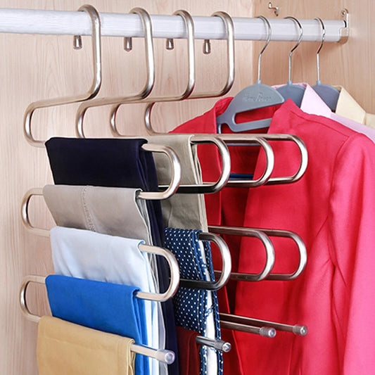 5 layers Stainless Steel Clothes Hangers S Shape Pants Storage Hangers Clothes Storage Rack Multilayer Storage Cloth Hanger - StorageandmoreStorage