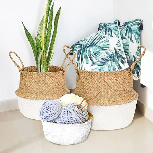 WHISM Seagrass Laundry Storage Basket Folding Handmade Straw Flowerpot Planter Basket Wicker Toy Storage Holder Organizer - StorageandmoreStorage