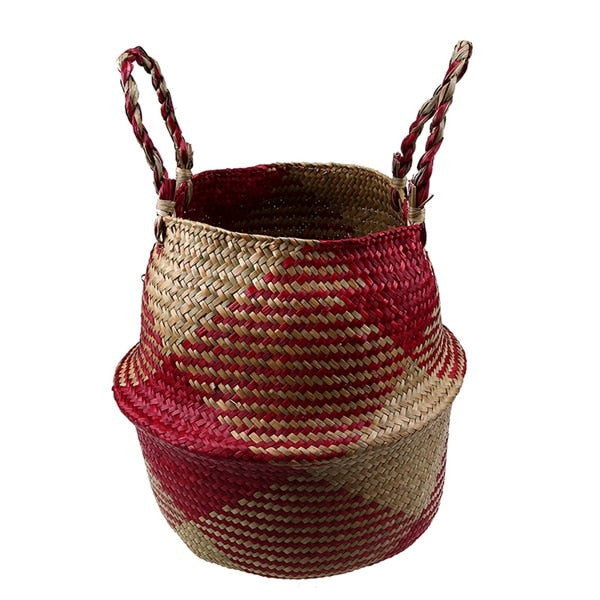 WHISM Foldable Wicker Basket Planter Rattan Woven Basket Handmade Seagrass Laundry Storage Basket Home Decor Kitchen Organizer - StorageandmoreStorage