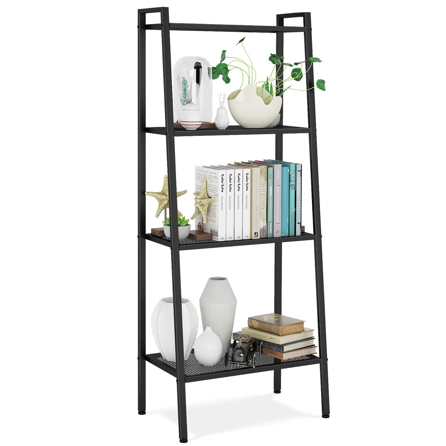 Ladder Shelf 4-Tier Bookshelf Plant Flower Stand Storage Rack Industrial Organizer Modern Shelves Shelving Bookcase Stable Metal - StorageandmoreStorage