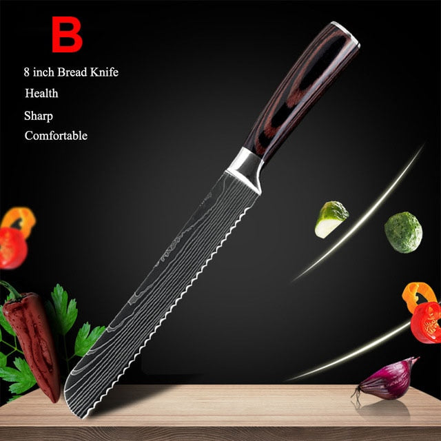 Japanese Kitchen Knife Set Laser Damascus Pattern Stainless Steel  Sharp Cleaver Slicing Utility Knives Kitchen Tools - StorageandmoreStorage