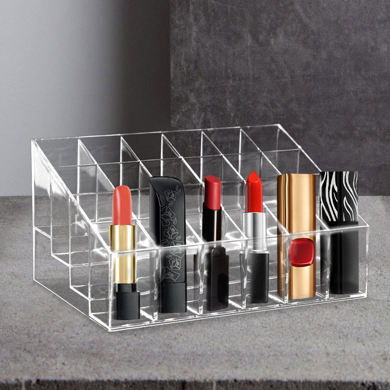 Clear 24 Grid Lipstick Stand Case Makeup Organizer Storage Box Lipstick Display Stand Holder Cosmetic Jewelry Organizer Box - StorageandmoreStorage