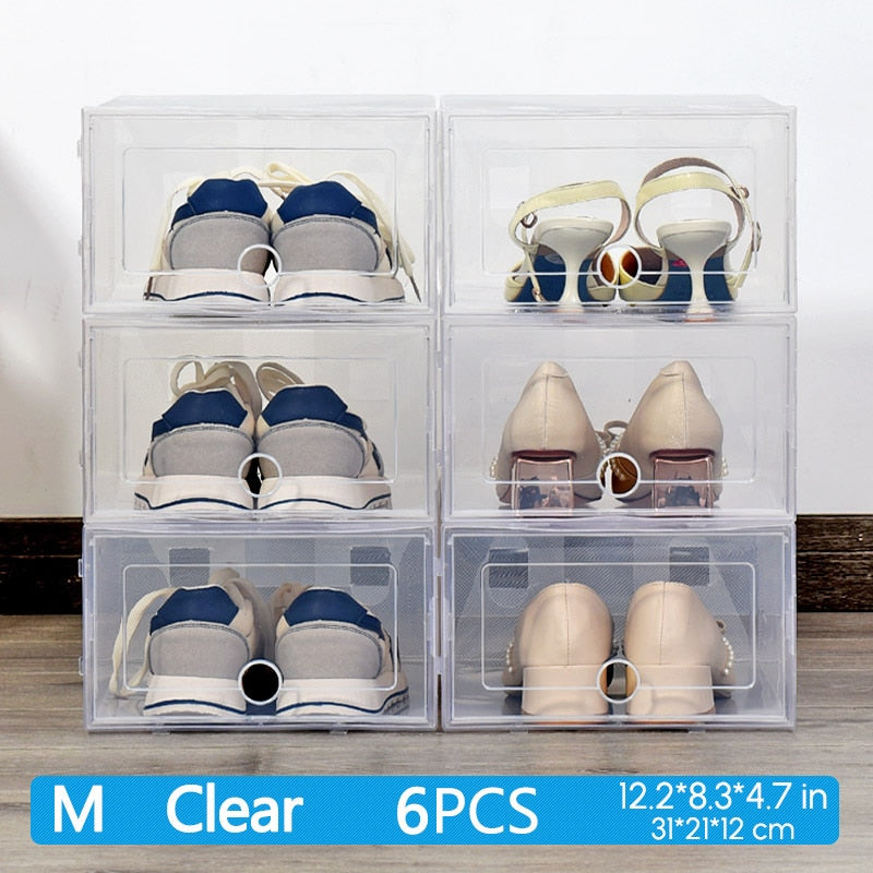 6Packs Transparent Shoe Box Shoes Organizers Plastic Thickened Foldable Dustproof Storage Box Stackable Combined Shoe Cabinet - StorageandmoreStorage