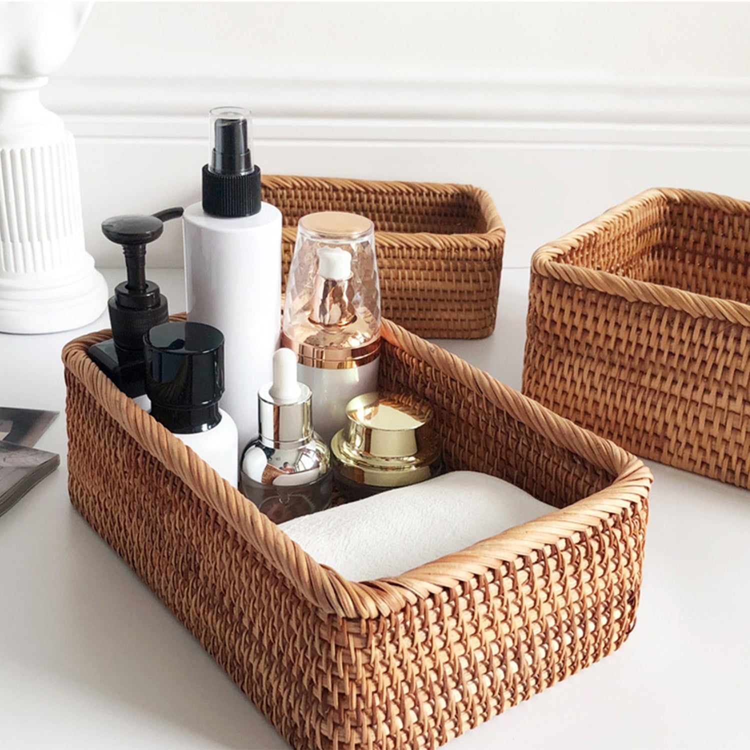 Hand-woven Rattan Wicker Storage Basket Cosmetic Rectangular Box Fruit Tea Bread Picnic Basket Household Kitchen Organizers - StorageandmoreStorage