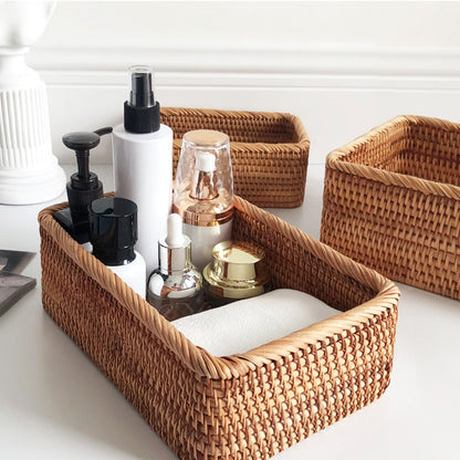 Hand-woven Rattan Wicker Storage Basket Cosmetic Rectangular Box Fruit Tea Bread Picnic Basket Household Kitchen Organizers - StorageandmoreStorage