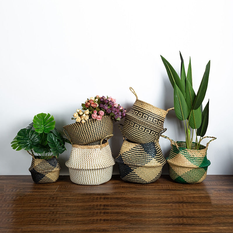 WHISM Foldable Wicker Basket Planter Rattan Woven Basket Handmade Seagrass Laundry Storage Basket Home Decor Kitchen Organizer - StorageandmoreStorage