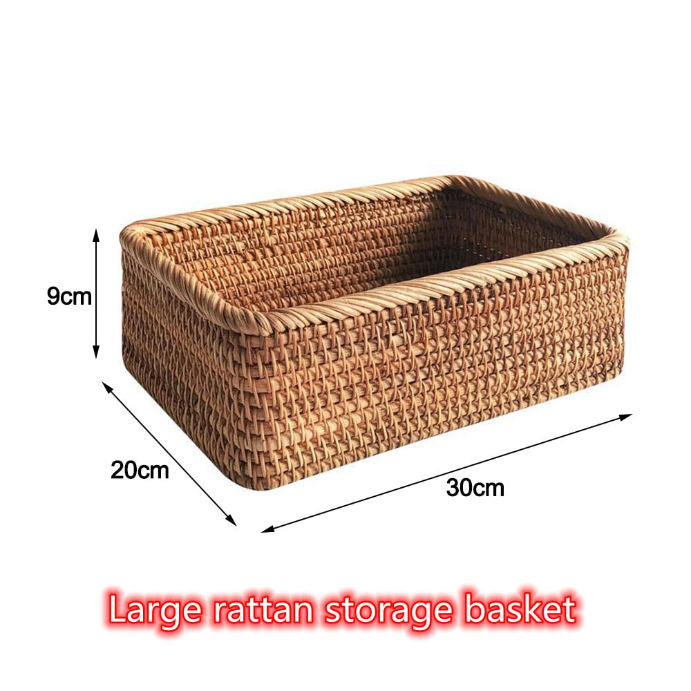 Hand-woven Rattan Wicker Basket Fruit Tea Snack Bread Basket Cosmetic Rectangular Storage Box Household Kitchen Supplies - StorageandmoreStorage