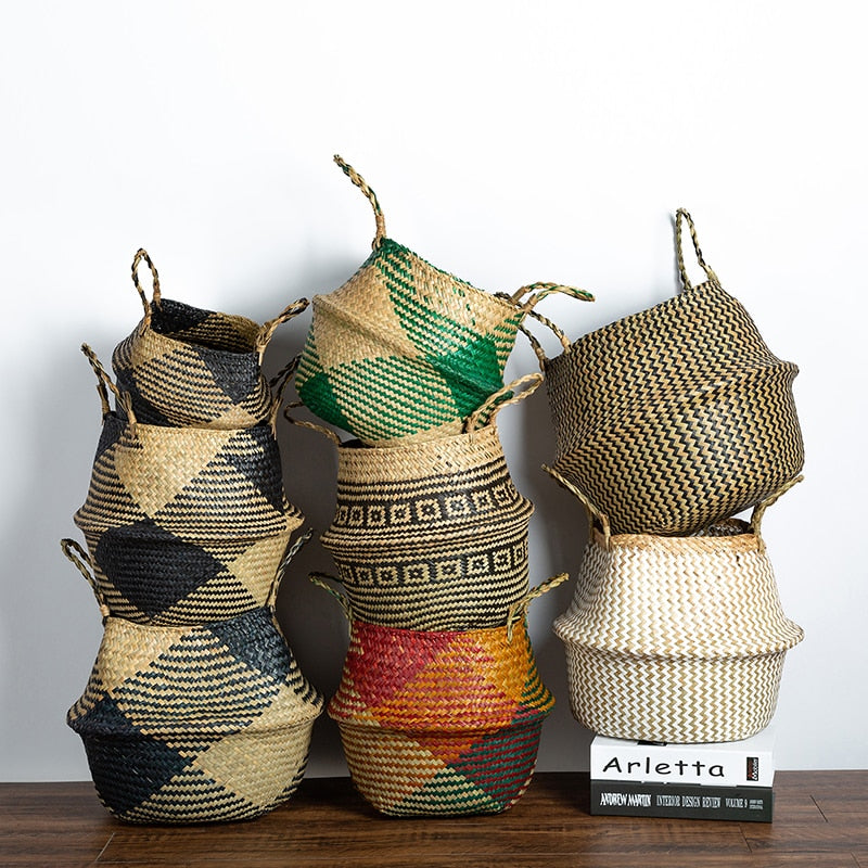 WHISM Foldable Wicker Basket Planter Rattan Woven Basket Handmade Seagrass Laundry Storage Basket Home Decor Kitchen Organizer - StorageandmoreStorage